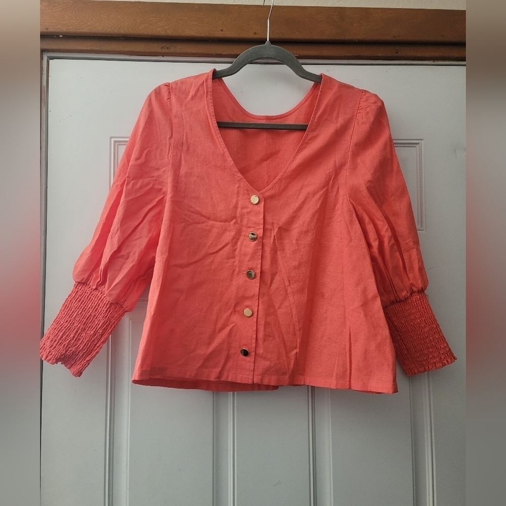 Stella & Dot, Double‎ Take Puff Sleeve Top , Coral, Size Large - Picture 4 of 6